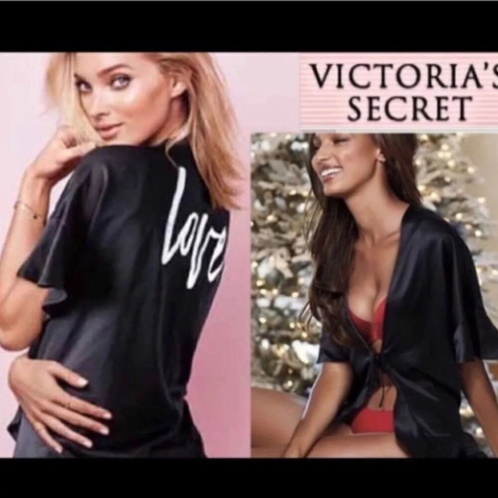 2 For $20 Victoria Secret (New) Black Satin "Love" Kimono